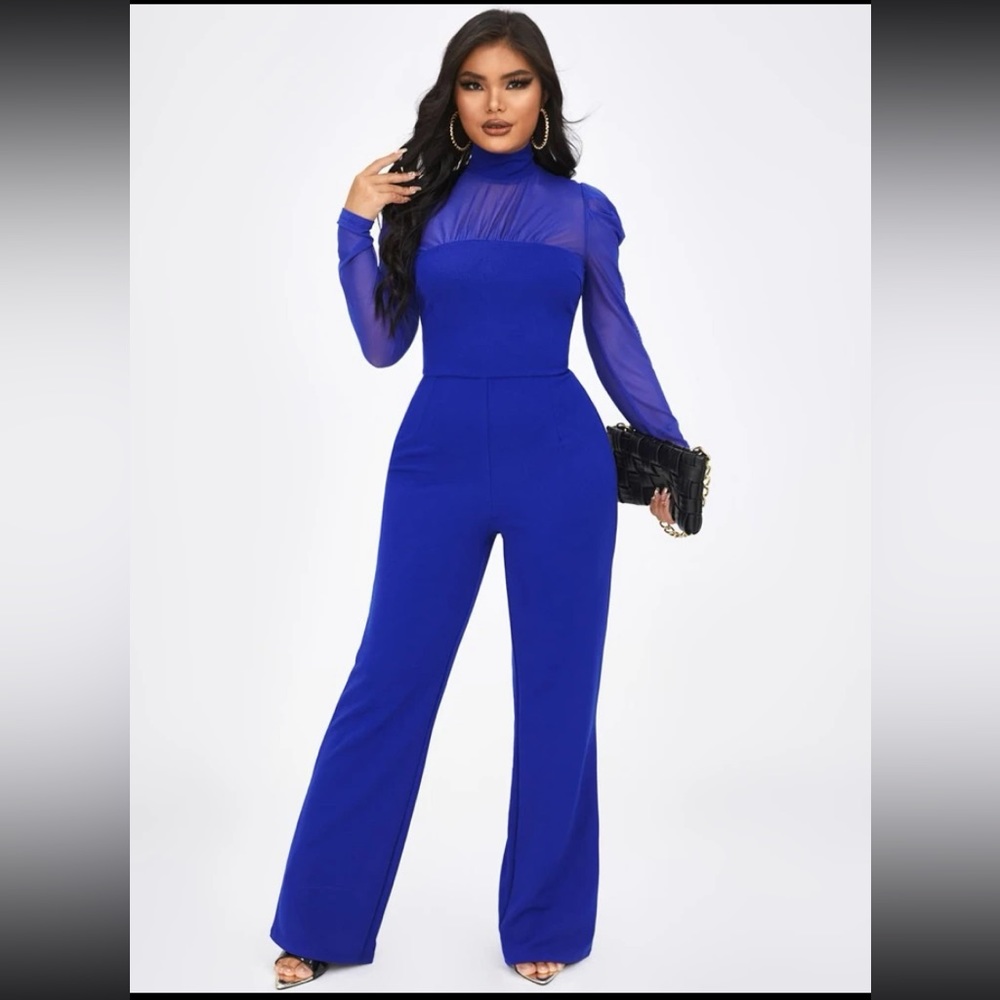 High Neck Sheer Mesh Yoke Gigot Sleeve Jumpsuit
